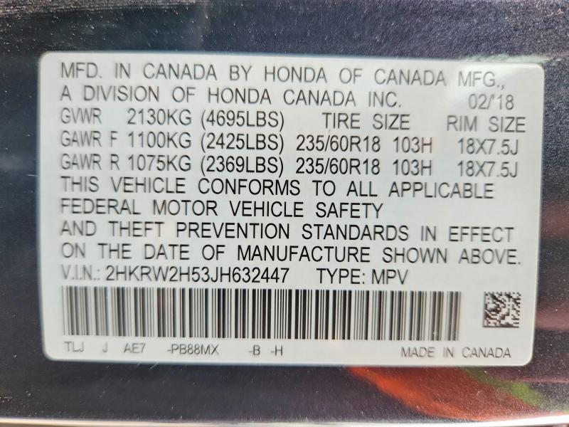 55045846 :رقم المزاد ، 2HKRW2H53JH632447 vin ، 2018 Honda Cr-v مزاد بيع