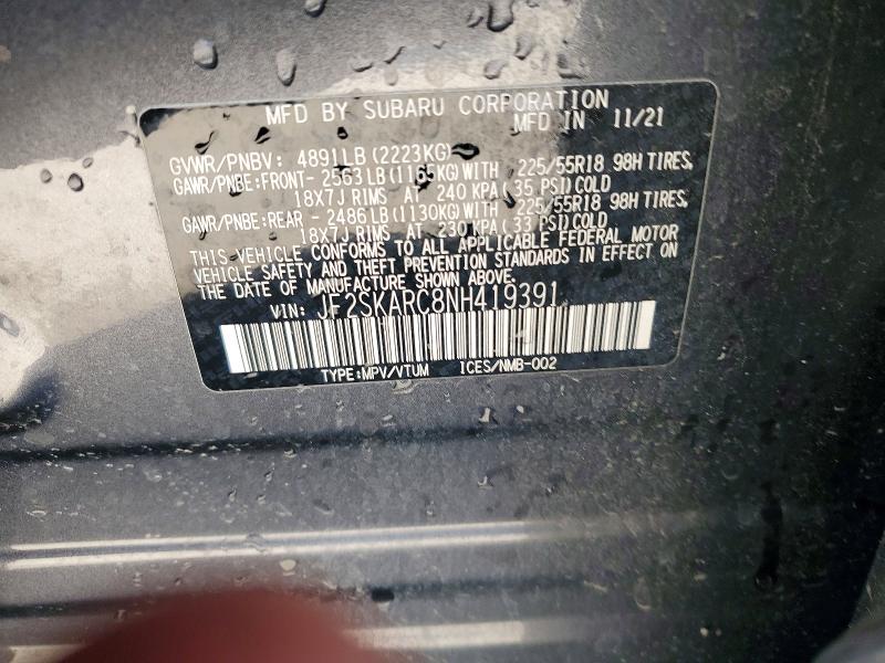 2022 Subaru Forester მანქანა იყიდება აუქციონზე, vin: JF2SKARC8NH419391, აუქციონის ნომერი: 54327766