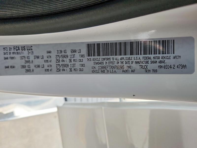2019 Ram 1500 მანქანა იყიდება აუქციონზე, vin: 1C6RREFT7KN792205, აუქციონის ნომერი: 51864956