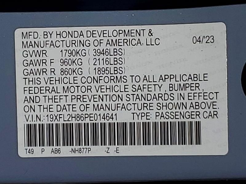 Продажа на аукционе авто 2023 Honda Civic, vin: 19XFL2H86PE014641, номер лота: 54349306