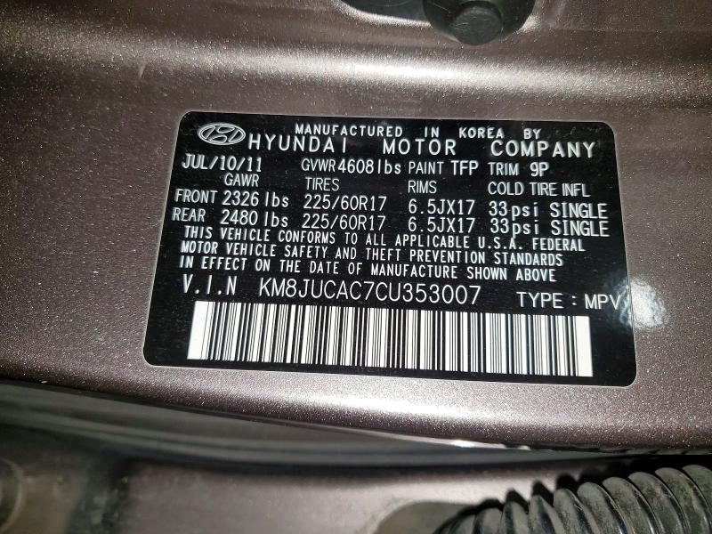 55170136 :رقم المزاد ، KM8JUCAC7CU353007 vin ، 2012 Hyundai Tucson مزاد بيع
