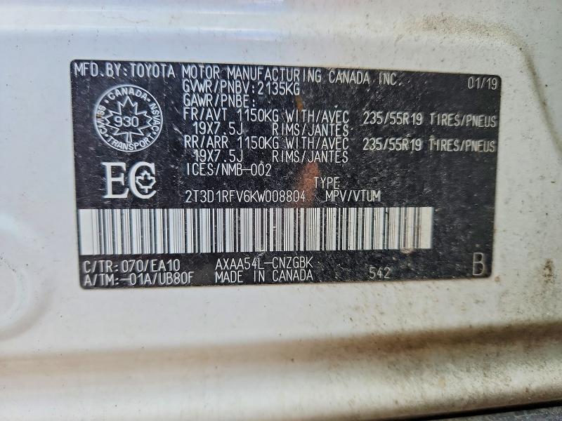 52911476 :رقم المزاد ، 2T3D1RFV6KW008804 vin ، 2019 Toyota Rav4 مزاد بيع