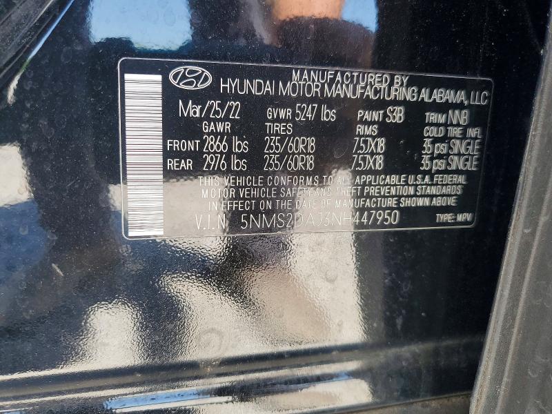 2022 Hyundai Santa Fe მანქანა იყიდება აუქციონზე, vin: 5NMS2DAJ3NH447950, აუქციონის ნომერი: 52699246