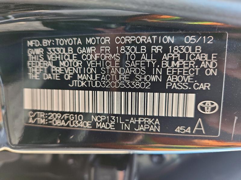 Auction sale of the 2012 Toyota Yaris, vin: JTDKTUD32CD533802, lot number: 55031696