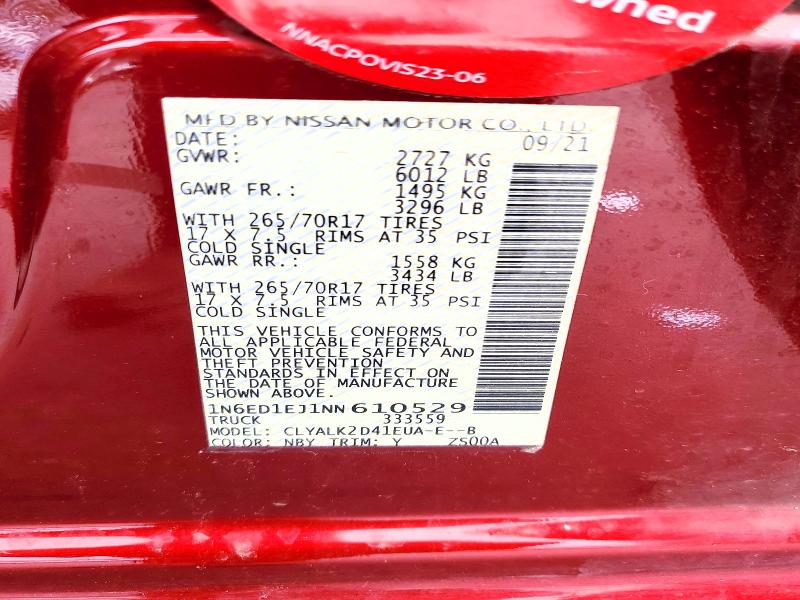 2022 Nissan Frontier მანქანა იყიდება აუქციონზე, vin: 1N6ED1EJ1NN610529, აუქციონის ნომერი: 52014096