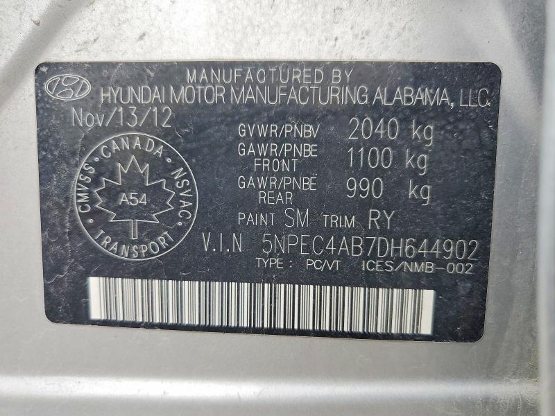 2013 Hyundai Sonata მანქანა იყიდება აუქციონზე, vin: 5NPEC4AB7DH644902, აუქციონის ნომერი: 53637376