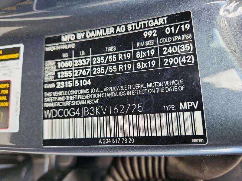 Aukcja sprzedaży 2019 Mercedes-benz Glc, vin: WDC0G4JB3KV162725, numer aukcji: 55626356