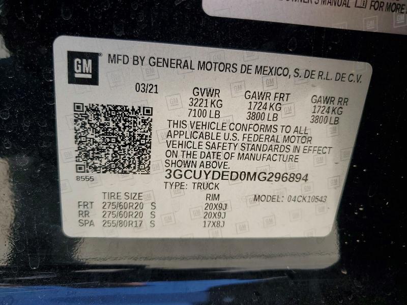 Продажа на аукционе авто 2021 Chevrolet Silverado, vin: 3GCUYDED0MG296894, номер лота: 55221376