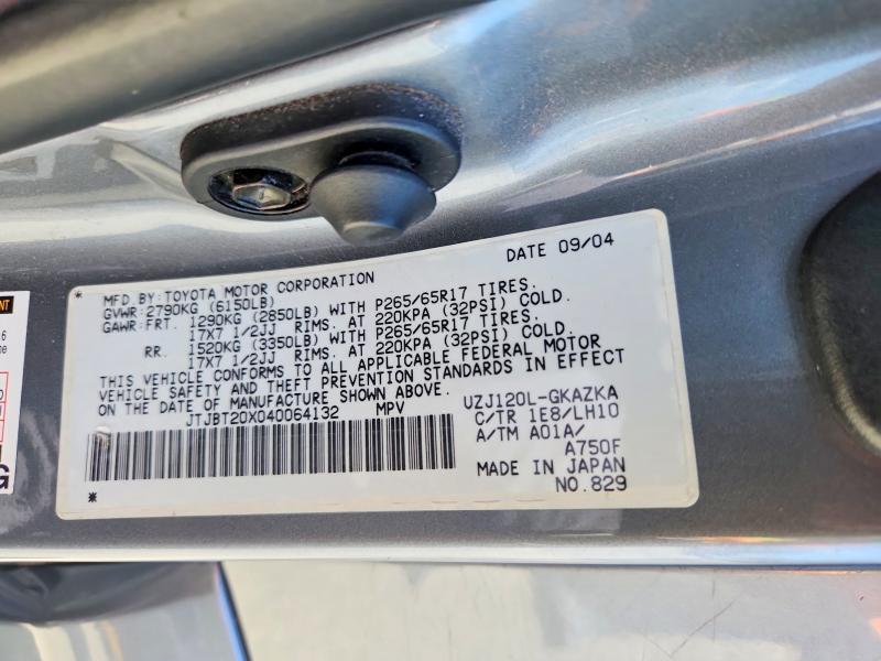 Aukcja sprzedaży 2004 Lexus Gx, vin: JTJBT20X040064132, numer aukcji: 52697136