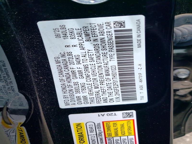 Продажа на аукционе авто 2026 Honda Civic, vin: 2HGFE2F51TH501023, номер лота: 47994726