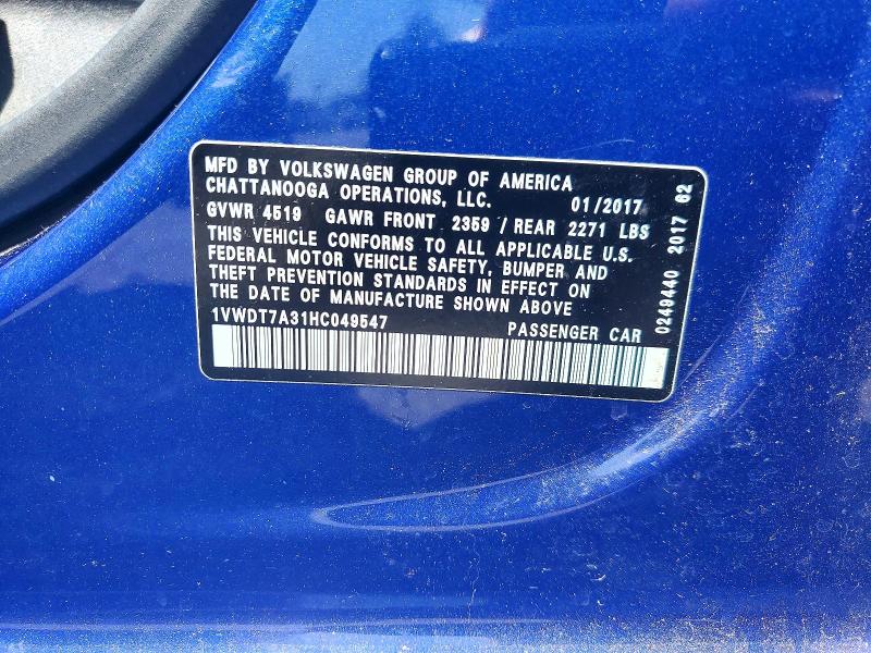 53948426 :رقم المزاد ، 1VWDT7A31HC049547 vin ، 2017 Volkswagen Passat مزاد بيع