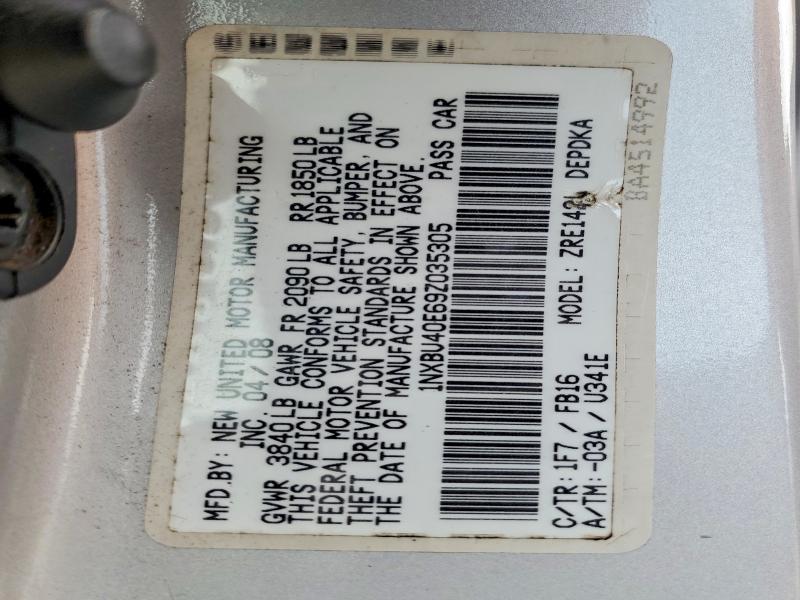 55048316 :رقم المزاد ، 1NXBU40E69Z035305 vin ، 2009 Toyota Corolla مزاد بيع