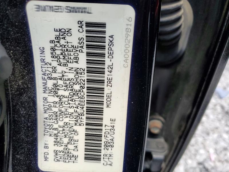 Aukcja sprzedaży 2012 Toyota Corolla, vin: 5YFBU4EE6CP022152, numer aukcji: 53558626