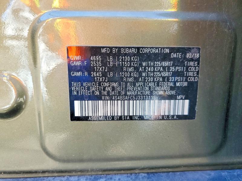 Продаж на аукціоні авто 2018 Subaru Outback, vin: 4S4BSAFC5J3313115, номер лоту: 52771146