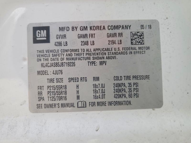 2018 Buick Encore მანქანა იყიდება აუქციონზე, vin: KL4CJASB5JB719226, აუქციონის ნომერი: 53996416