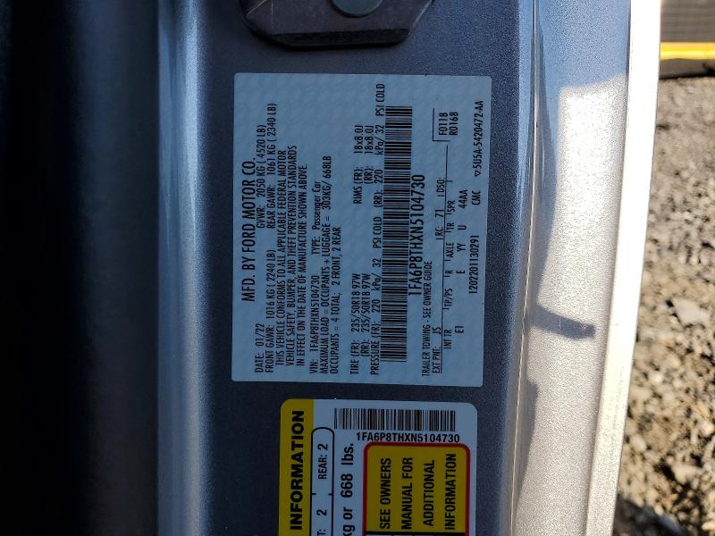 Auction sale of the 2022 Ford Mustang, vin: 1FA6P8THXN5104730, lot number: 53897986