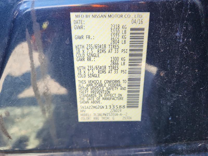 52697696 :رقم المزاد ، 5N1AZ2MG2GN133588 vin ، 2016 Nissan Murano مزاد بيع