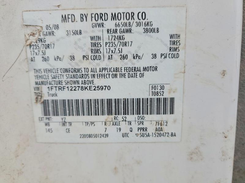 2008 Ford F150 მანქანა იყიდება აუქციონზე, vin: 1FTRF12278KE25970, აუქციონის ნომერი: 49782066