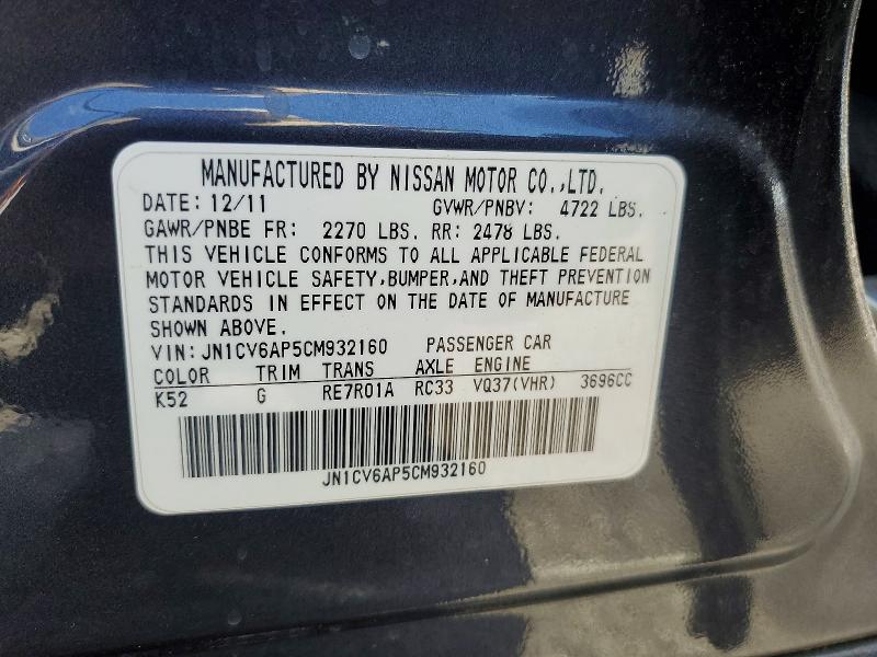 Aukcja sprzedaży 2012 Infiniti G37, vin: JN1CV6AP5CM932160, numer aukcji: 54879216