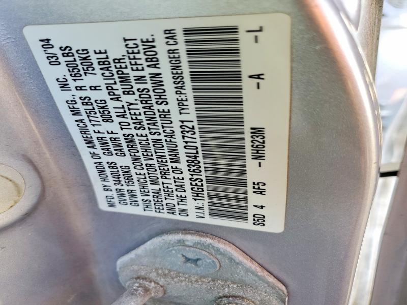 Aukcja sprzedaży 2004 Honda Civic, vin: 1HGES16384L017321, numer aukcji: 55386736