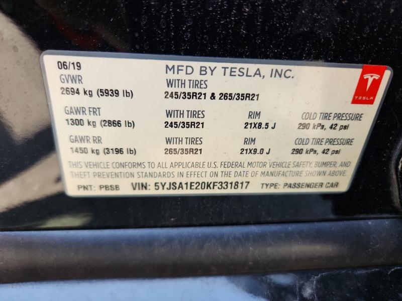 2019 Tesla Model S მანქანა იყიდება აუქციონზე, vin: 5YJSA1E20KF331817, აუქციონის ნომერი: 52554696