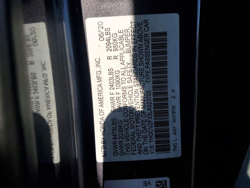 53801306 :رقم المزاد ، 1HGCV2F33LA023705 vin ، 2020 Honda Accord مزاد بيع