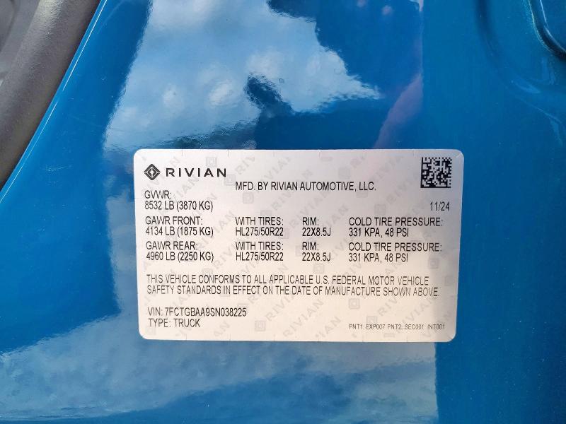 Aukcja sprzedaży 2025 Rivian R1t, vin: 7FCTGBAA9SN038225, numer aukcji: 53447366