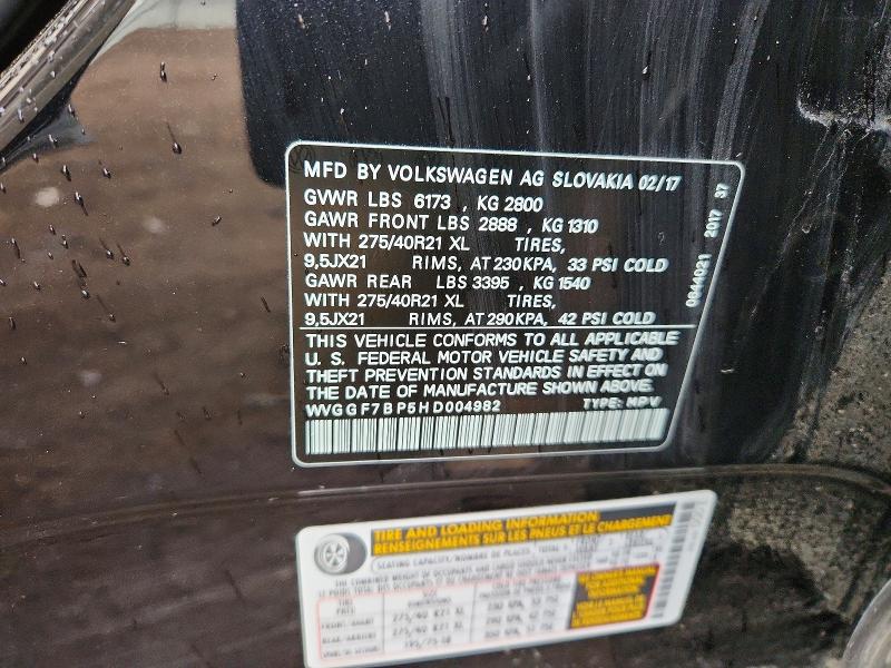 Продажа на аукционе авто 2017 Volkswagen Touareg, vin: WVGGF7BP5HD004982, номер лота: 52522296