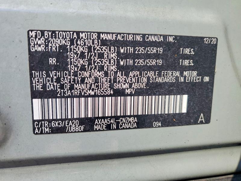 Aukcja sprzedaży 2021 Toyota Rav4, vin: 2T3A1RFV5MW165584, numer aukcji: 54004416