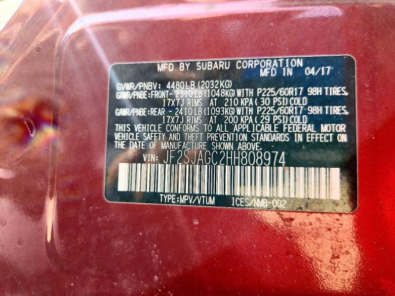 2017 Subaru Forester მანქანა იყიდება აუქციონზე, vin: JF2SJAGC2HH808974, აუქციონის ნომერი: 53354886