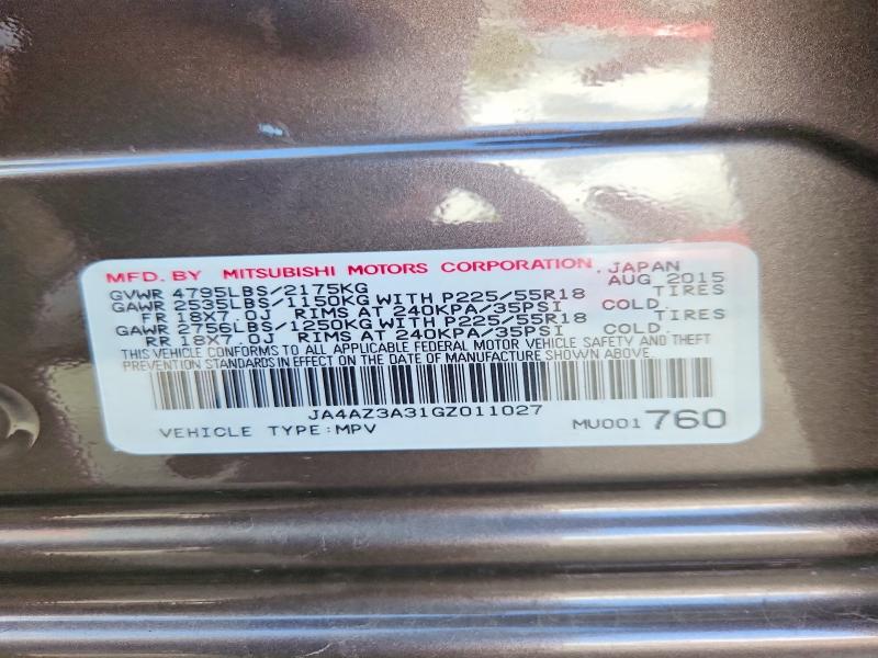 2016 Mitsubishi Outlander მანქანა იყიდება აუქციონზე, vin: JA4AZ3A31GZ011027, აუქციონის ნომერი: 54448256