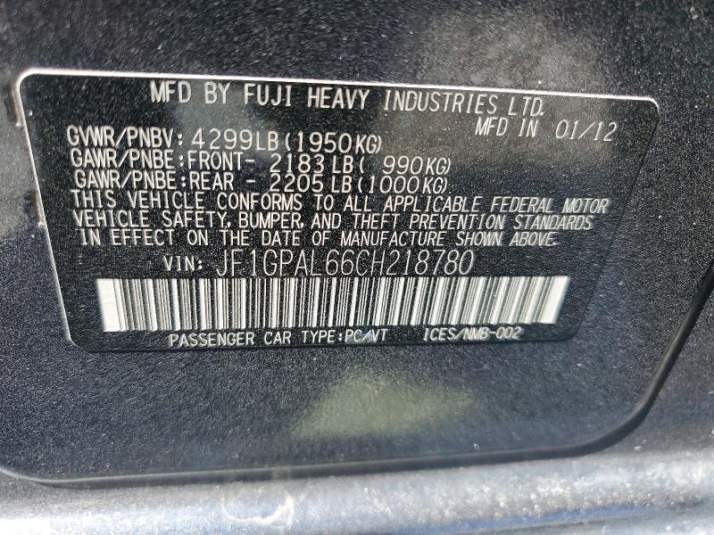 Продажа на аукционе авто 2012 Subaru Impreza, vin: JF1GPAL66CH218780, номер лота: 55306276