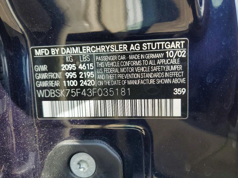 Продажа на аукционе авто 2003 Mercedes-benz Sl, vin: WDBSK75F43F035181, номер лота: 53361306