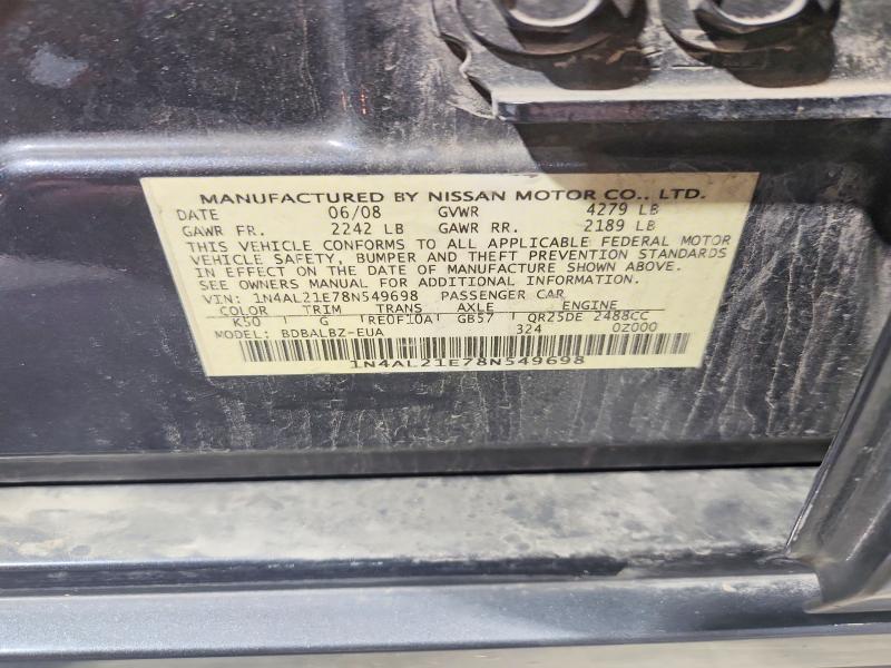 2008 Nissan Altima მანქანა იყიდება აუქციონზე, vin: 1N4AL21E78N549698, აუქციონის ნომერი: 52597126