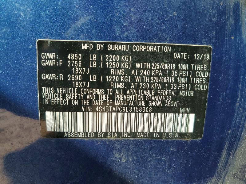 2020 Subaru Outback მანქანა იყიდება აუქციონზე, vin: 4S4BTAPC9L3158308, აუქციონის ნომერი: 54920356