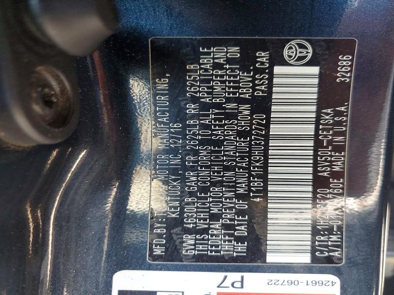 Auction sale of the 2017 Toyota Camry, vin: 4T1BF1FK9HU372720, lot number: 54885686
