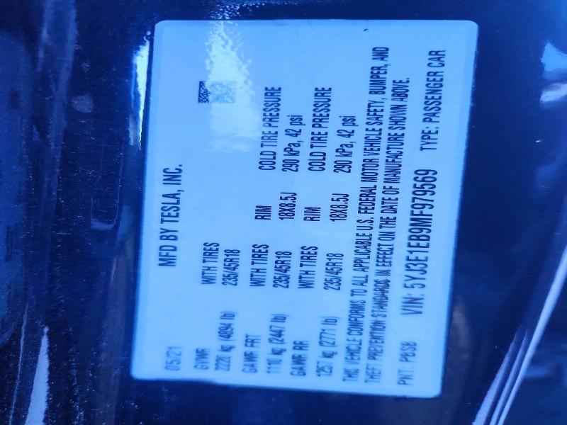 2021 Tesla Model 3 მანქანა იყიდება აუქციონზე, vin: 5YJ3E1EB9MF979569, აუქციონის ნომერი: 54057006