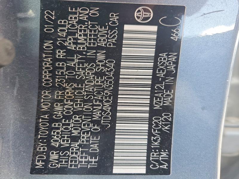 Aukcja sprzedaży 2022 Toyota Corolla, vin: JTDS4MCE9N3504340, numer aukcji: 51352956