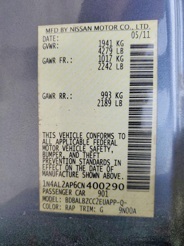 Продаж на аукціоні авто 2012 Nissan Altima, vin: 1N4AL2AP6CN400290, номер лоту: 52265056