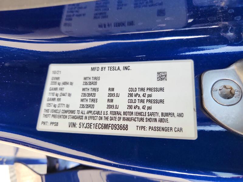 52735776 :رقم المزاد ، 5YJ3E1EC6MF093668 vin ، 2021 Tesla Model 3 مزاد بيع