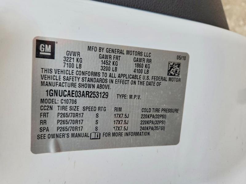 52902146 :رقم المزاد ، 1GNUCAE03AR253129 vin ، 2010 Chevrolet Tahoe مزاد بيع