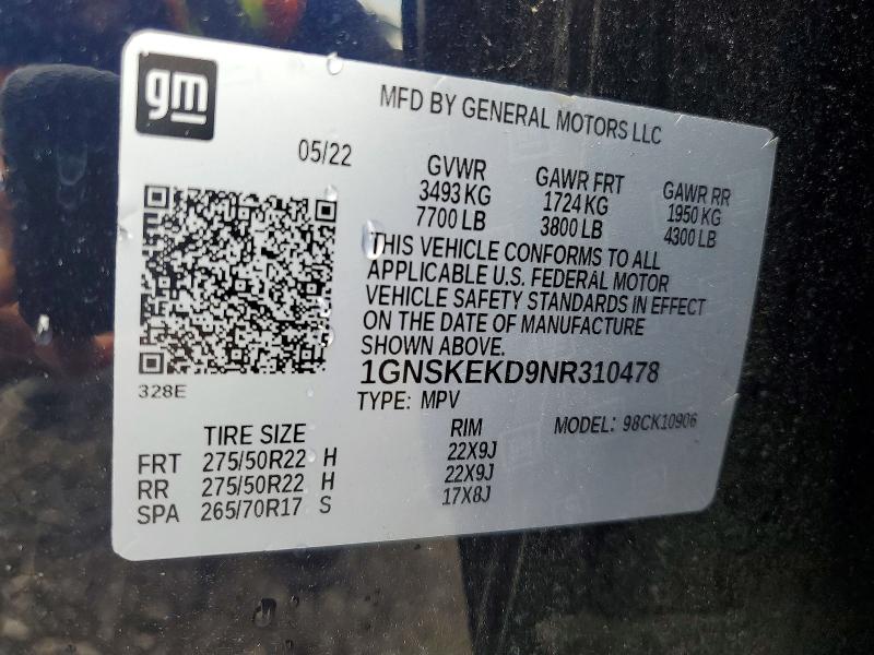 Продаж на аукціоні авто 2022 Chevrolet Suburban, vin: 1GNSKEKD9NR310478, номер лоту: 52578086