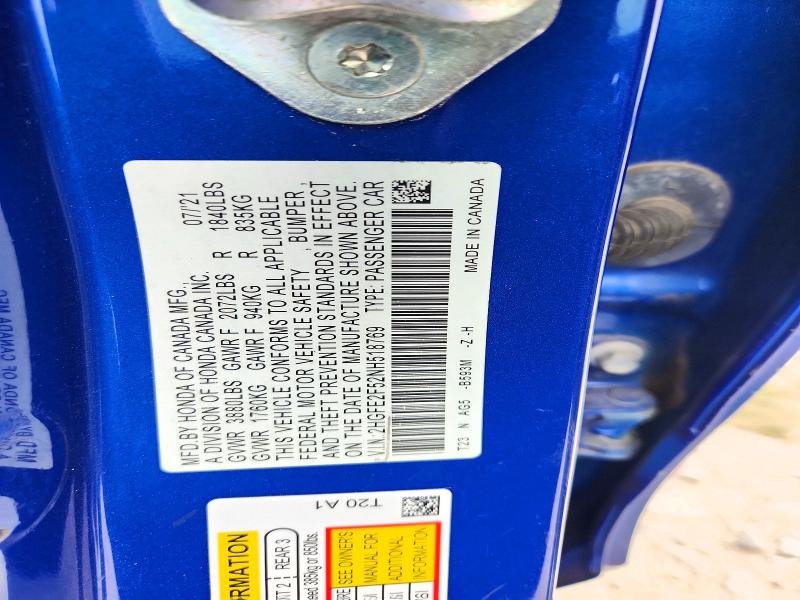 52374156 :رقم المزاد ، 2HGFE2F52NH518769 vin ، 2022 Honda Civic مزاد بيع