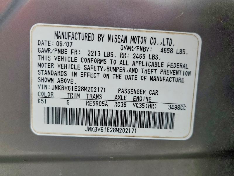 2008 Infiniti G35 მანქანა იყიდება აუქციონზე, vin: JNKBV61E28M202171, აუქციონის ნომერი: 54075926