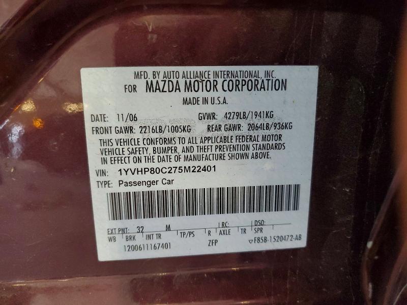 53622936 :رقم المزاد ، 1YVHP80C275M22401 vin ، 2007 Mazda 6 مزاد بيع
