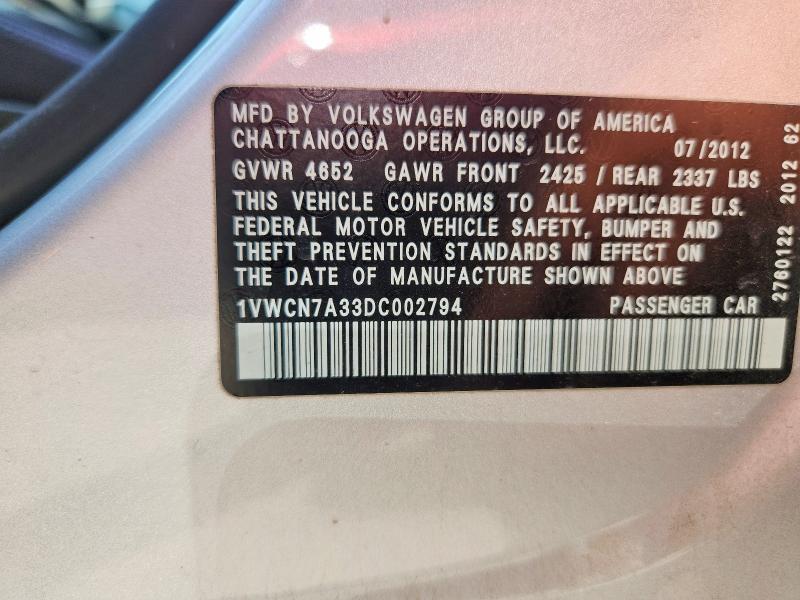 Продаж на аукціоні авто 2013 Volkswagen Passat, vin: 1VWCN7A33DC002794, номер лоту: 54230266