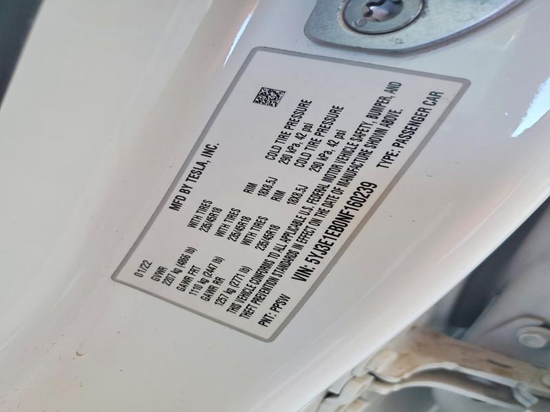 2022 Tesla Model 3 მანქანა იყიდება აუქციონზე, vin: 5YJ3E1EB0NF160239, აუქციონის ნომერი: 53342206