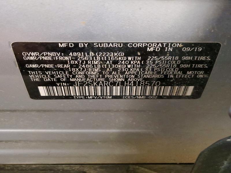 Продажа на аукционе авто 2020 Subaru Forester, vin: JF2SKARC7LH418570, номер лота: 53590176