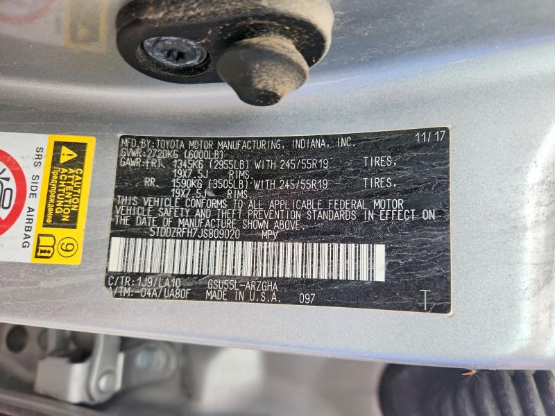 Продаж на аукціоні авто 2018 Toyota Highlander, vin: 5TDDZRFH7JS809020, номер лоту: 54789836