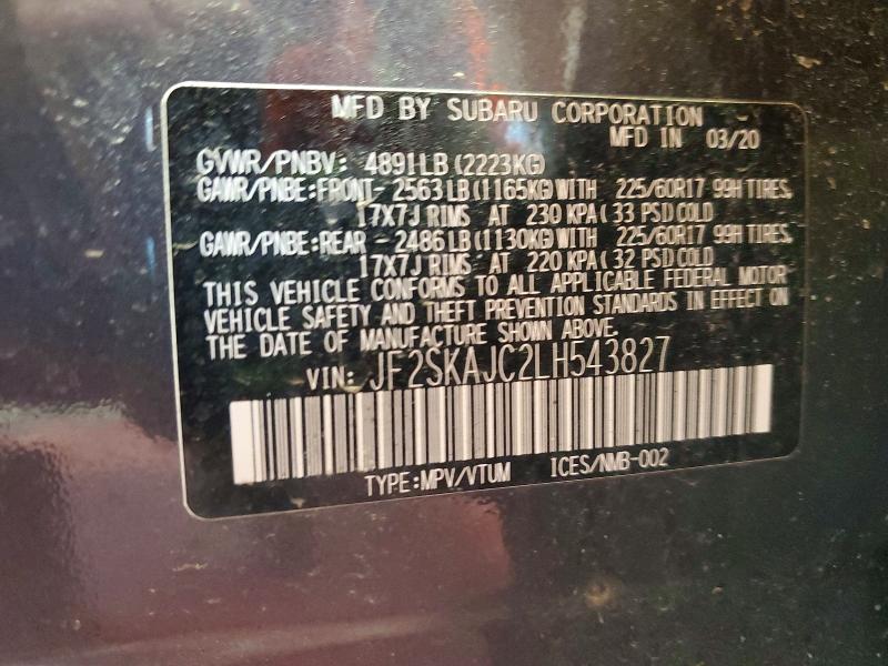 Aukcja sprzedaży 2020 Subaru Forester, vin: JF2SKAJC2LH543827, numer aukcji: 53907356